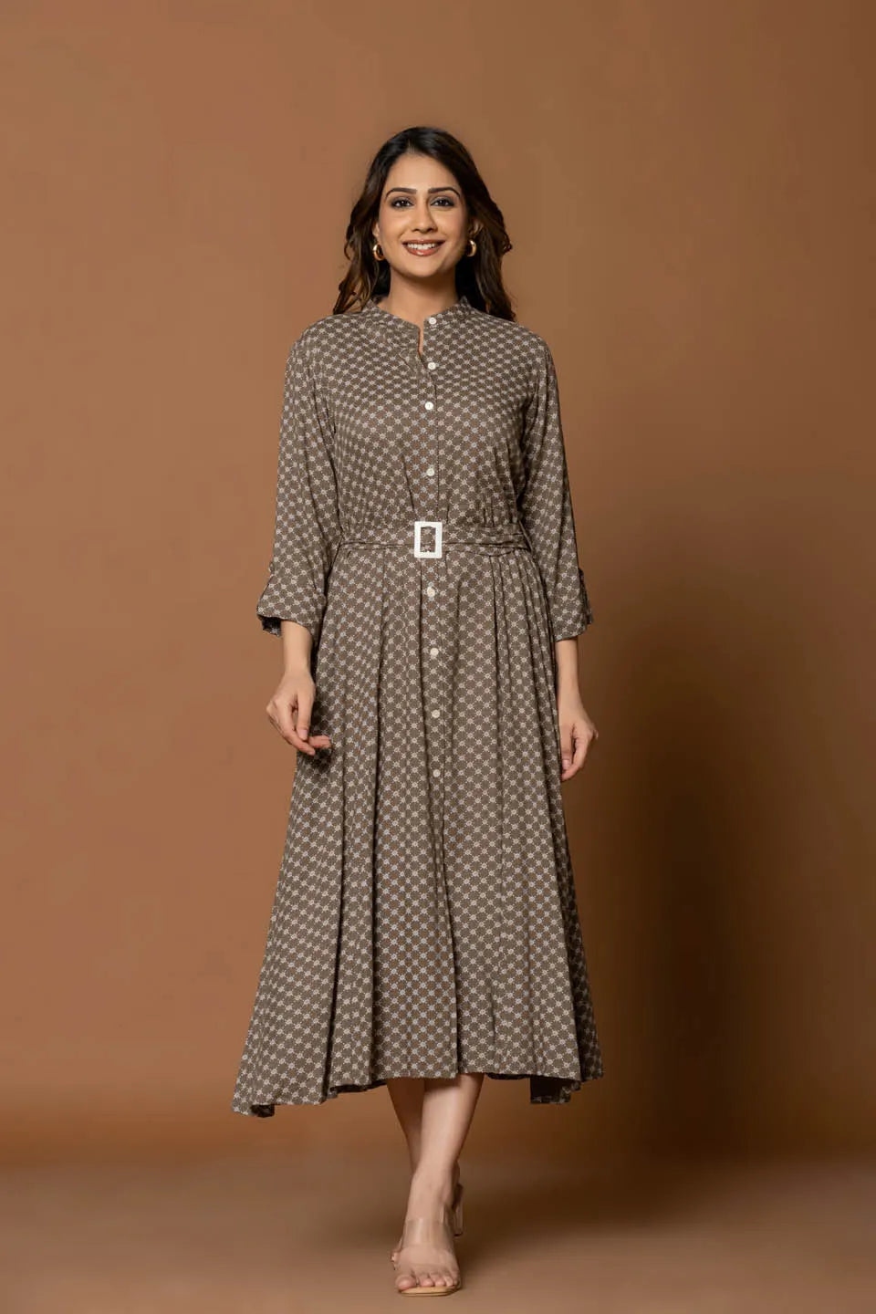 earthy brown fit flare midi dress with geometric print mandarin collar semi formal casual wear