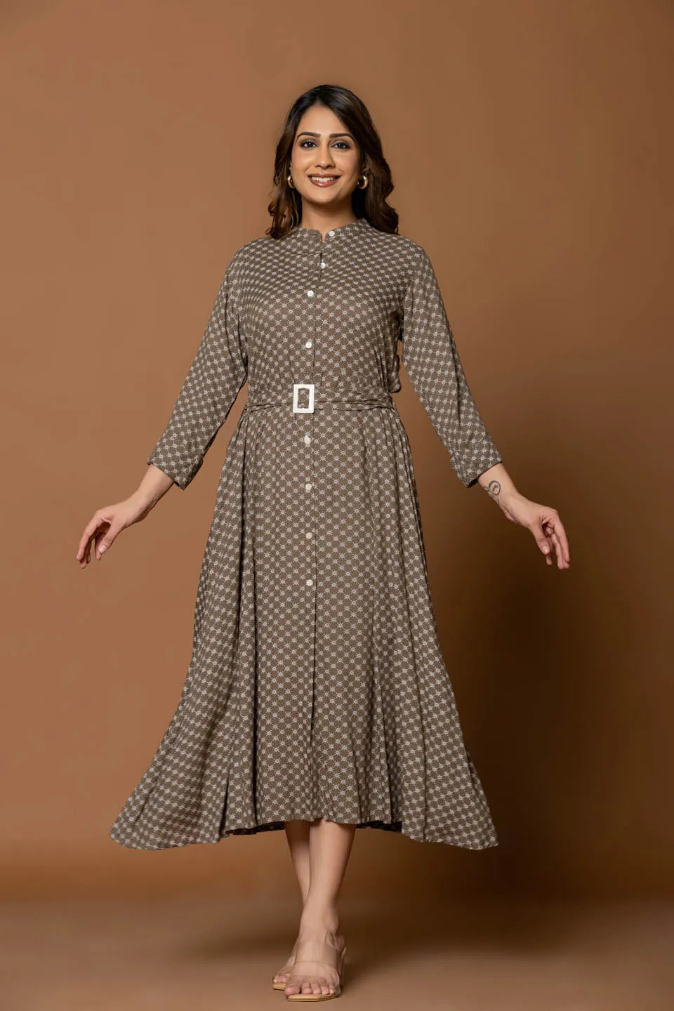 earthy brown fit flare midi dress with geometric print mandarin collar semi formal casual wear