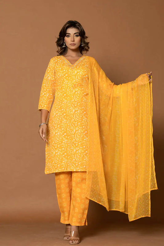 Mustard Yellow Floral Kurta Set with Dupatta