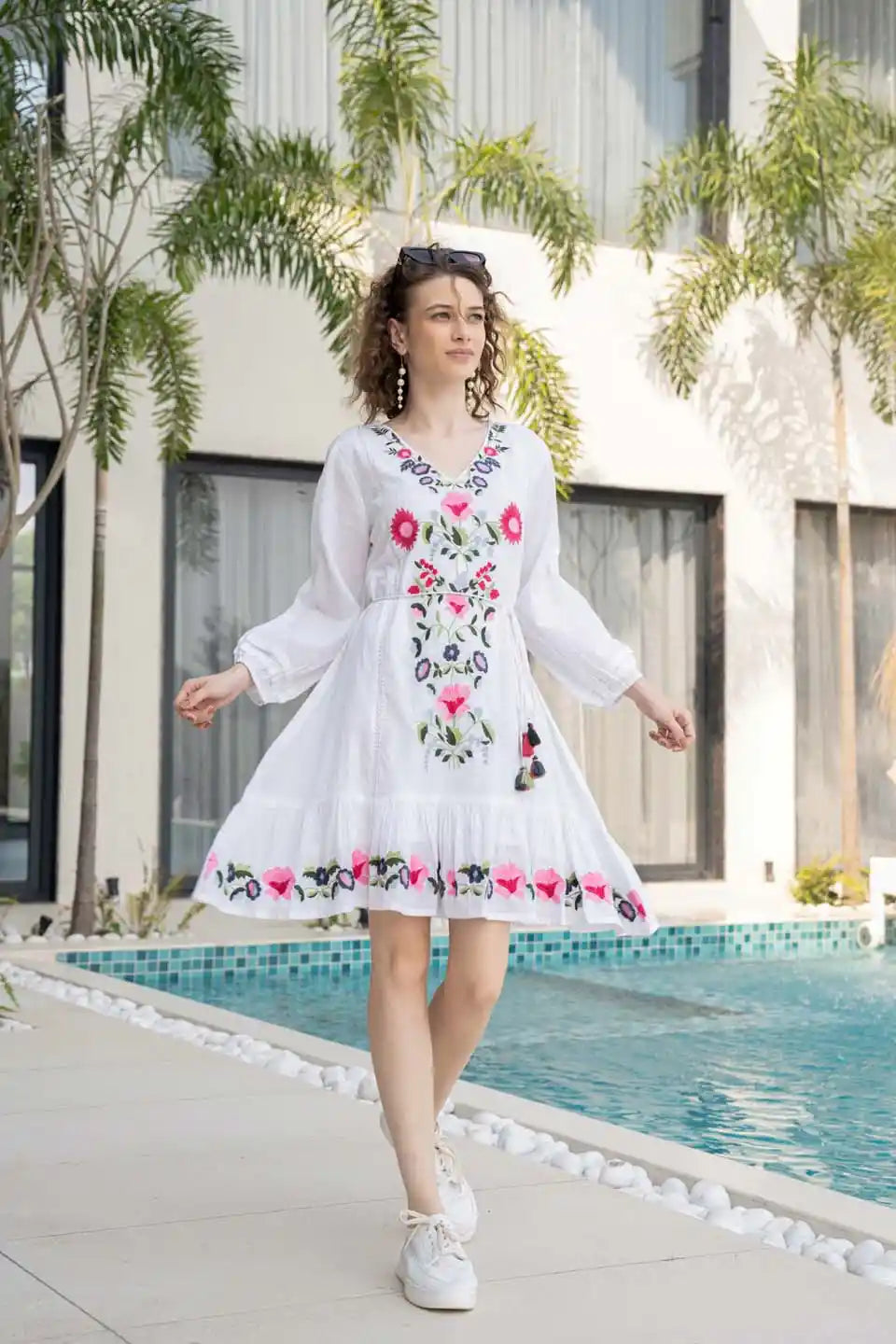 boho embroidered floral short dress