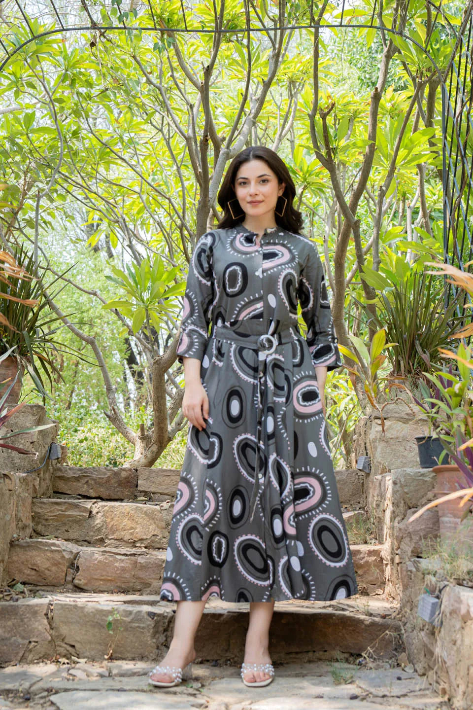 gray abstract printed belted maxi dress with 3 4th sleeves