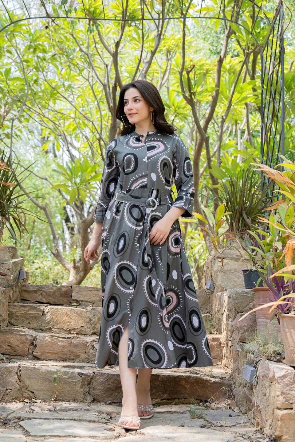 gray abstract printed belted maxi dress with 3 4th sleeves