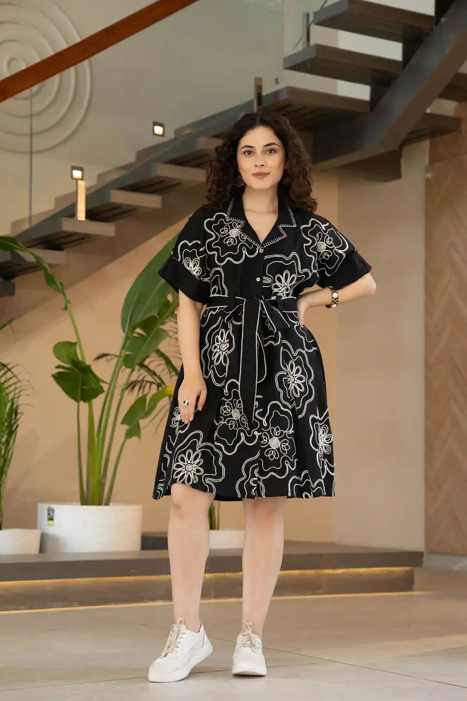 black floral embroidered shirt dress with tie-up belt