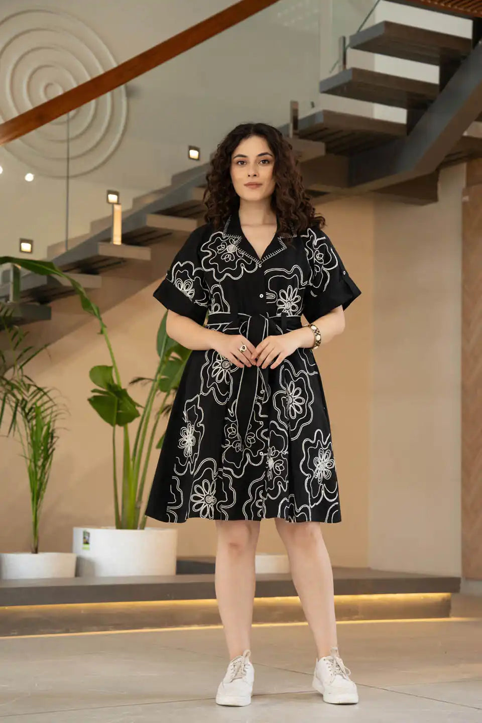 black floral embroidered shirt dress with tie-up belt