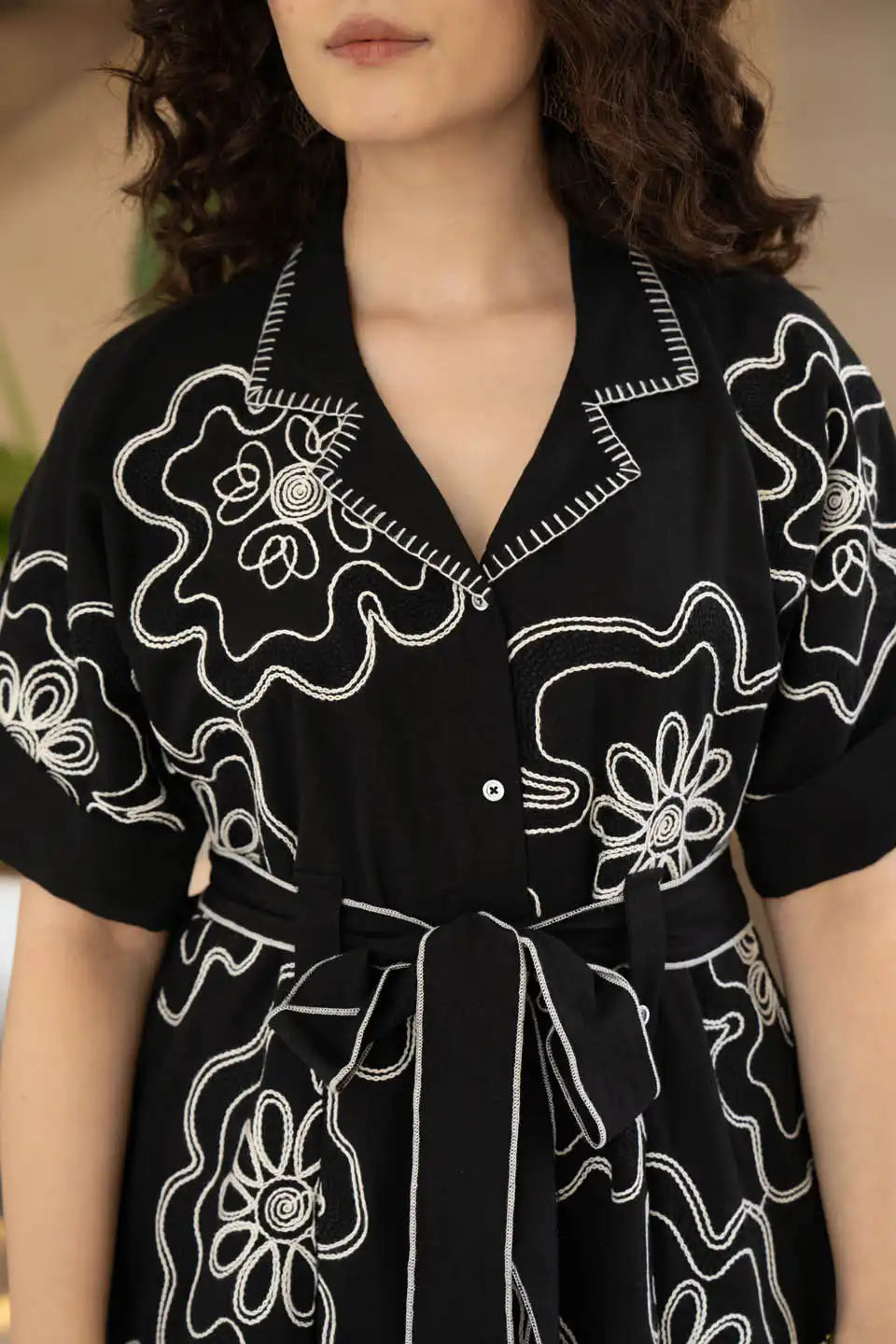 black floral embroidered shirt dress with tie-up belt