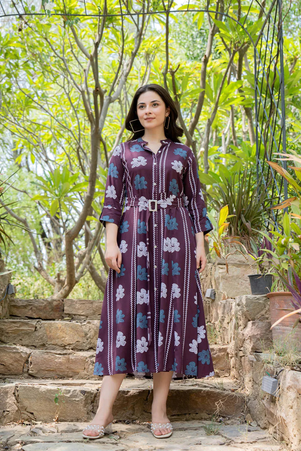 boho bliss belted floral midi dress with mandarin collar