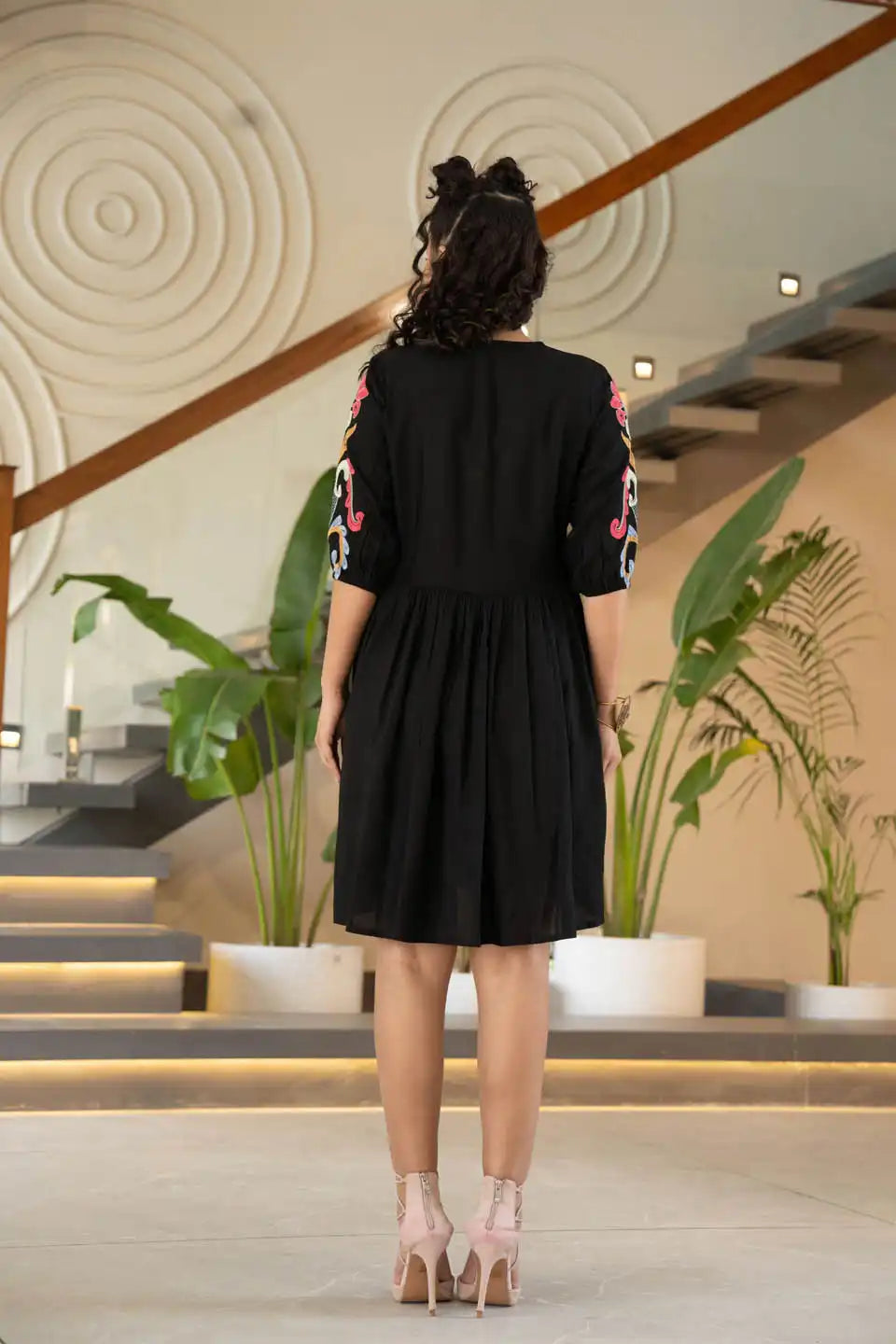 BOHO EMBROIDERED BLACK COTTON SHORT DRESS