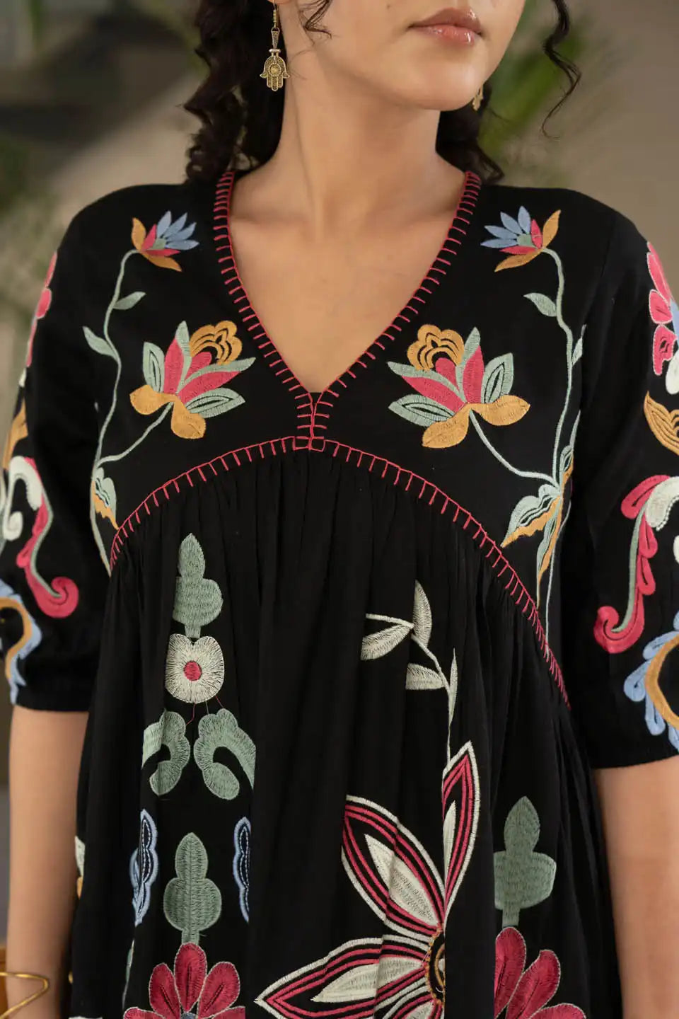 boho embroidered black cotton short dress