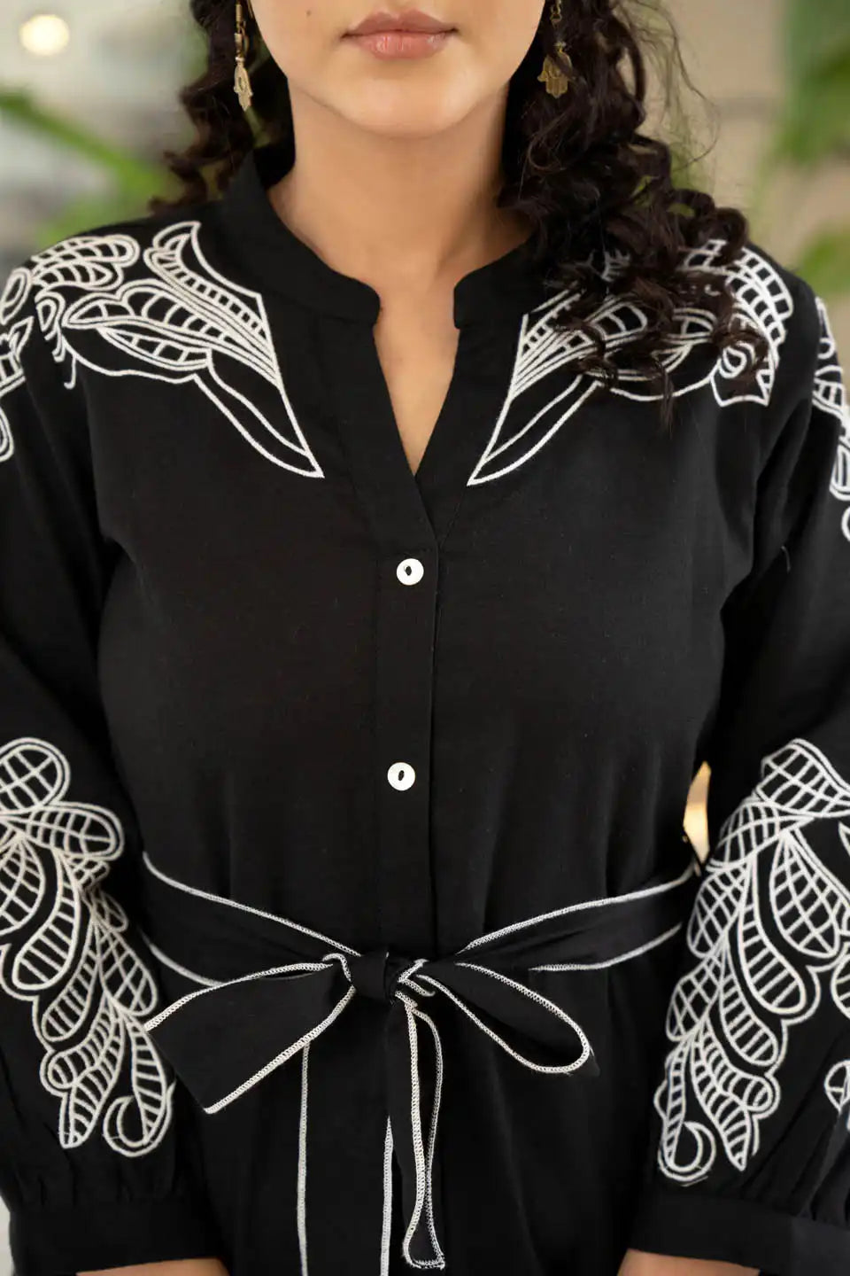 black embroidered cotton short dress with mandarin collar