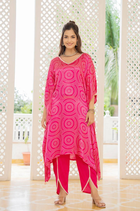 PINK CIRCULAR PRINT KAFTAN SET WITH MIRROR WORK NECKLINE