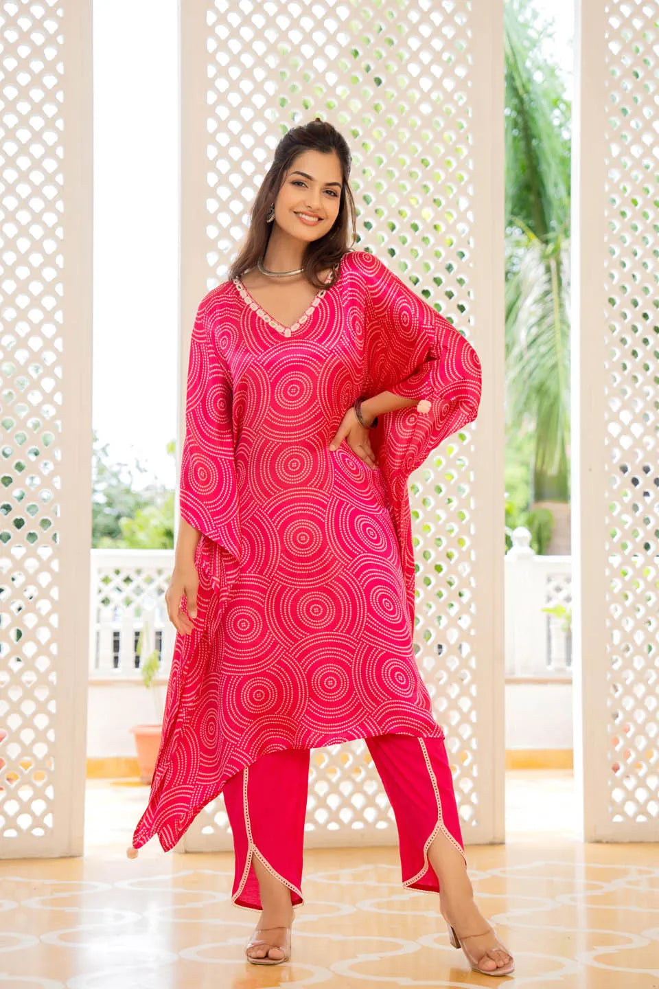 PINK CIRCULAR PRINT KAFTAN SET WITH MIRROR WORK NECKLINE