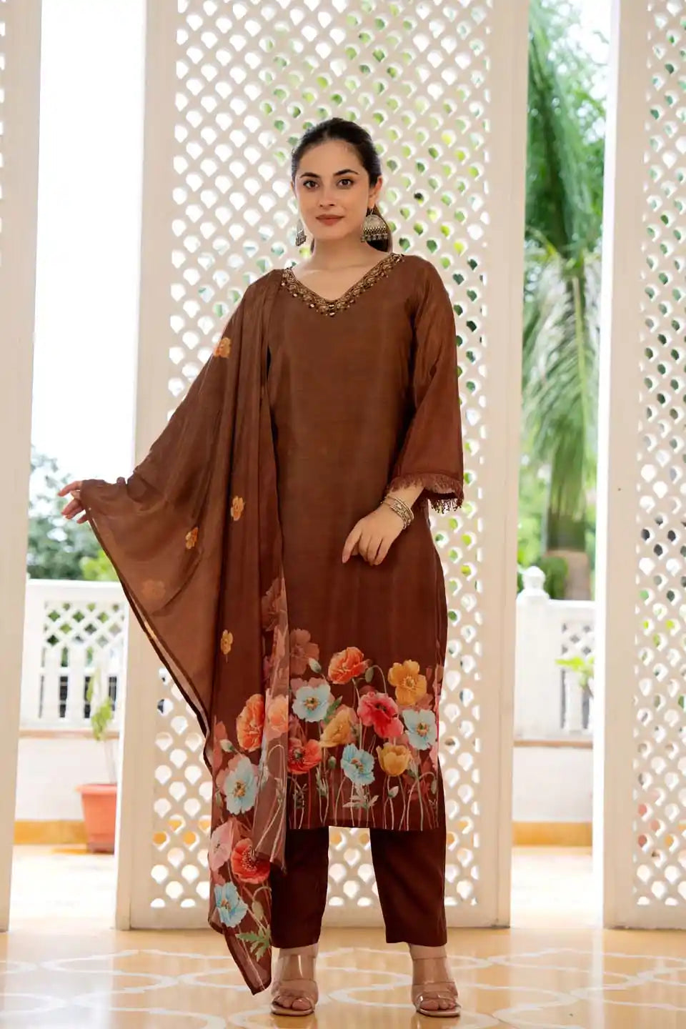 elegant brown floral embellished kurta set