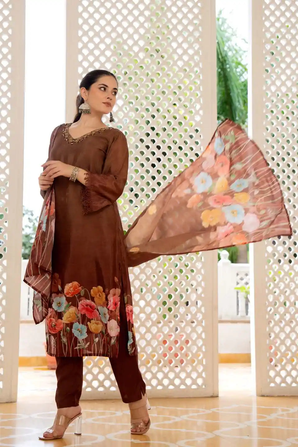 elegant brown floral embellished kurta set