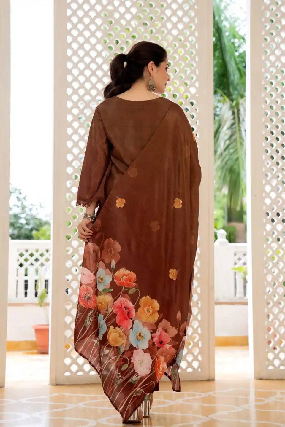 elegant brown floral embellished kurta set