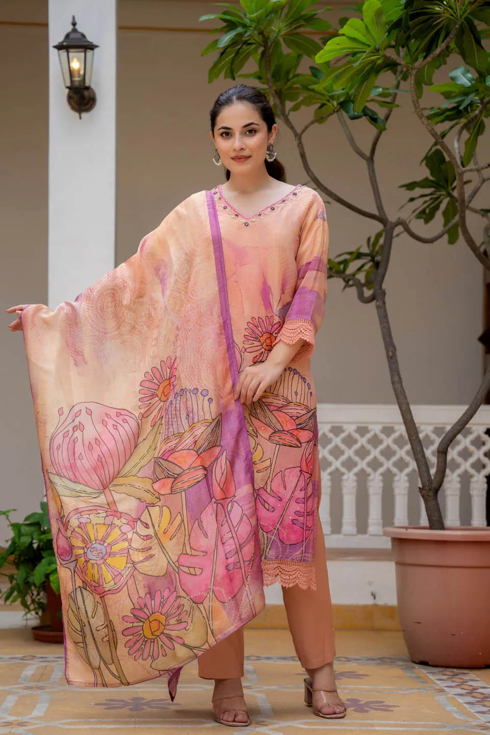 Peach floral embellished kurta set with printed dupatta & straight pants