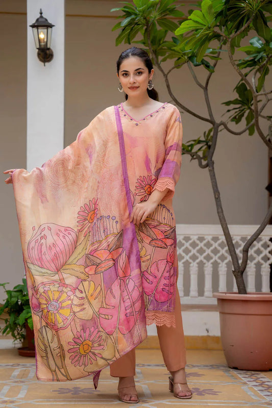 peach floral embellished kurta set with printed dupatta straight pants