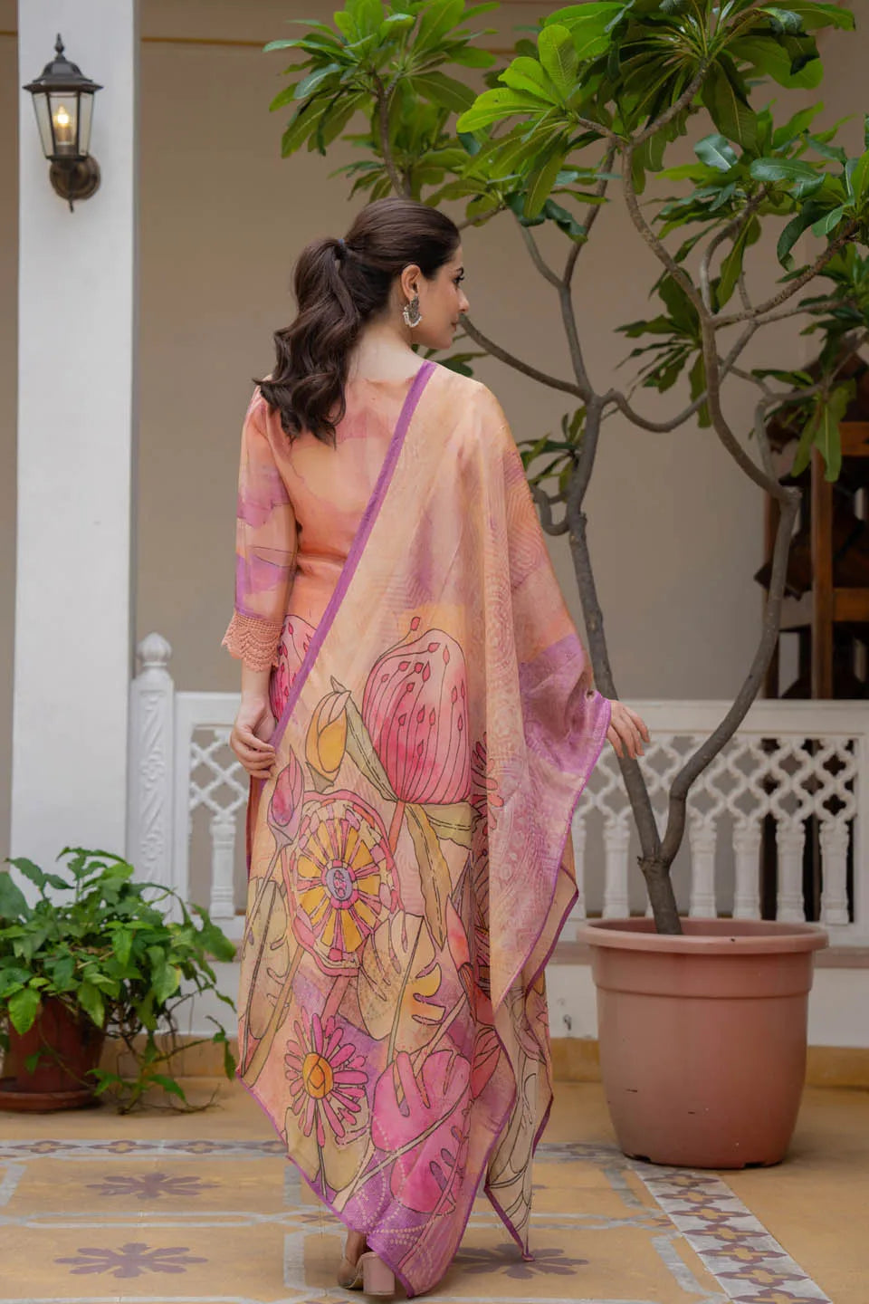 Peach floral embellished kurta set with printed dupatta & straight pants