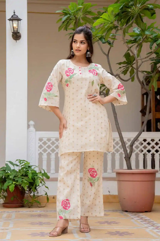 elegant floral print kurta with matching straight pants