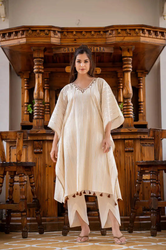 Off-white kaftan style kurta set with tassels & embroidery