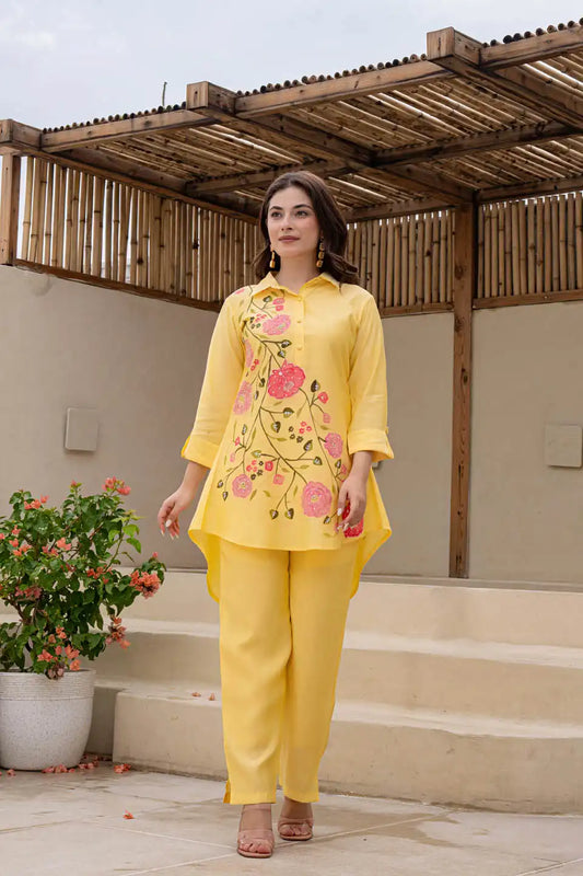 yellow brush print floral shirt collar co ord set