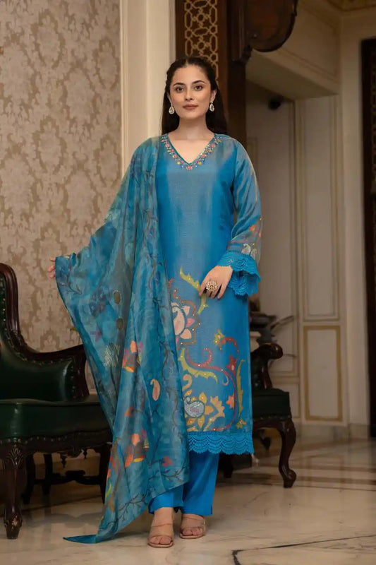 Sky Blue Embroidered Silk Suit Set