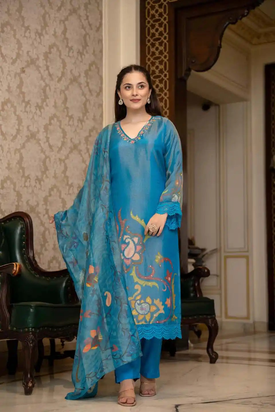 Sky Blue Embroidered Silk Suit Set