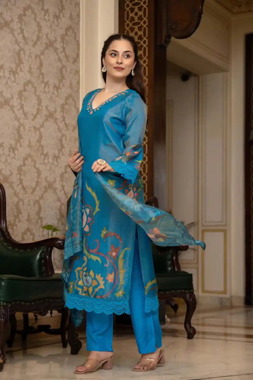 Sky Blue Embroidered Silk Suit Set