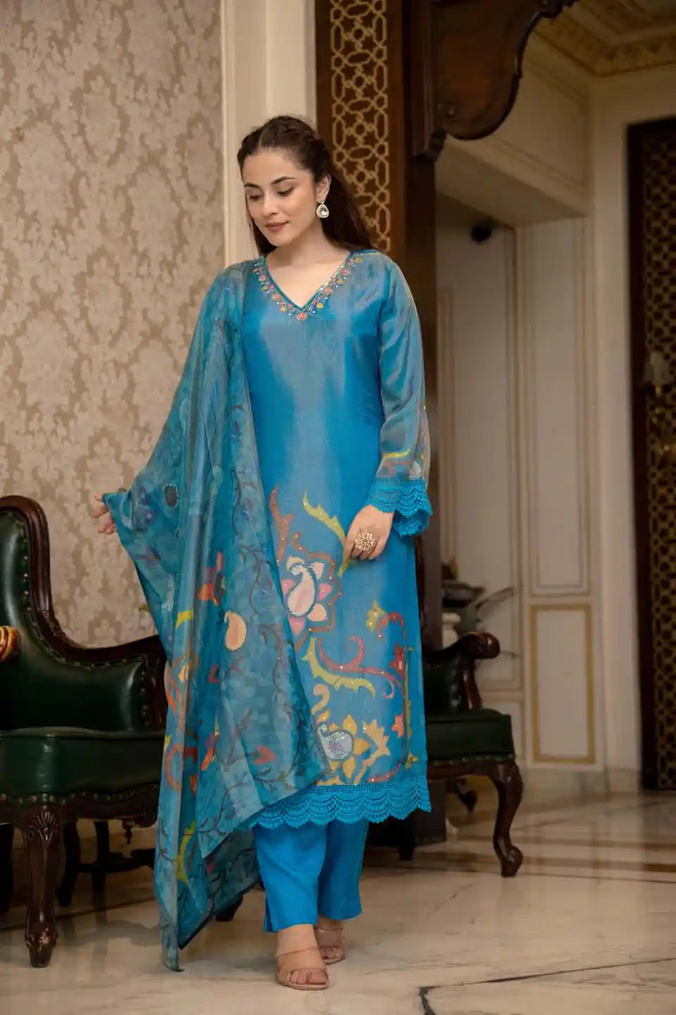 Sky Blue Embroidered Silk Suit Set