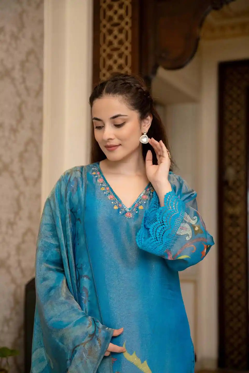 Sky Blue Embroidered Silk Suit Set