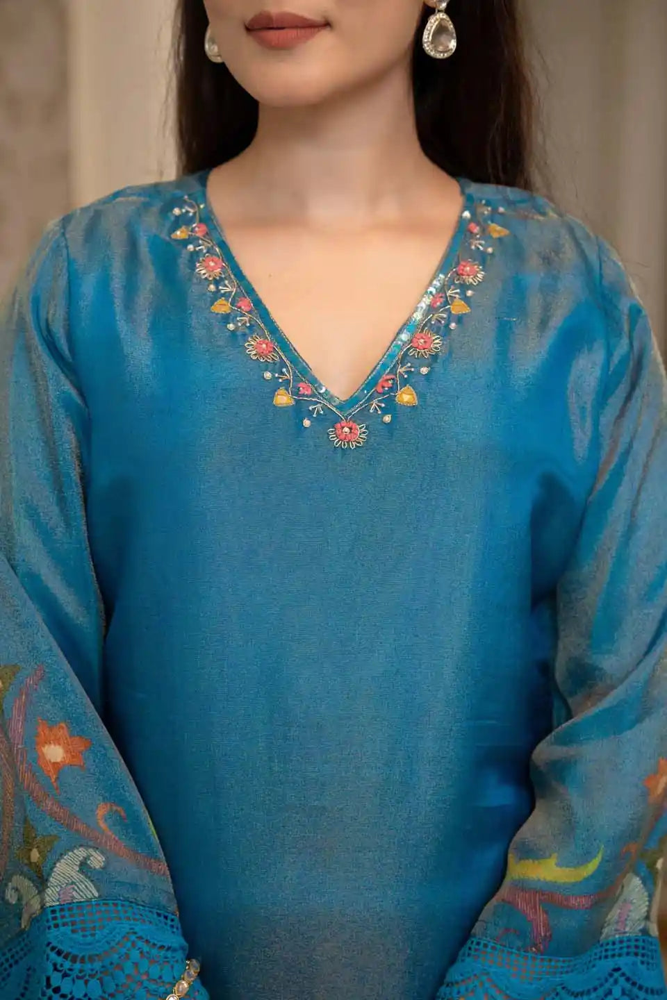 Sky Blue Embroidered Silk Suit Set