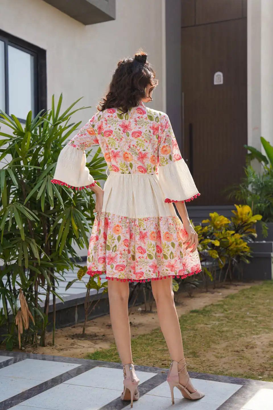 elegant off-white floral embroidered short dress