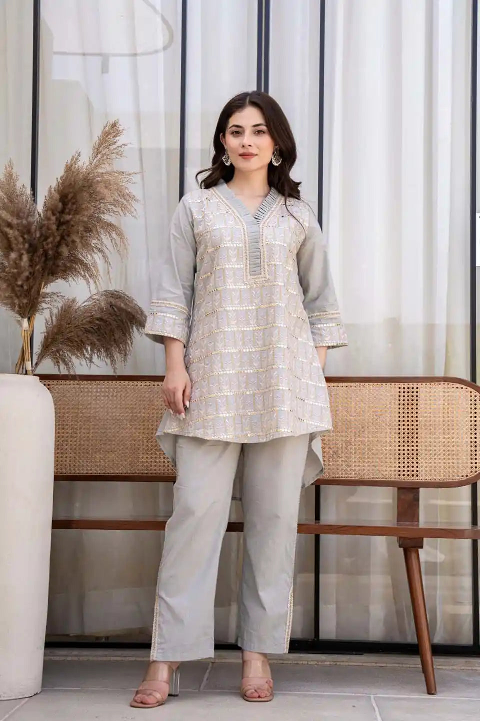 light gray embroidered v-neck kurta with straight pants set