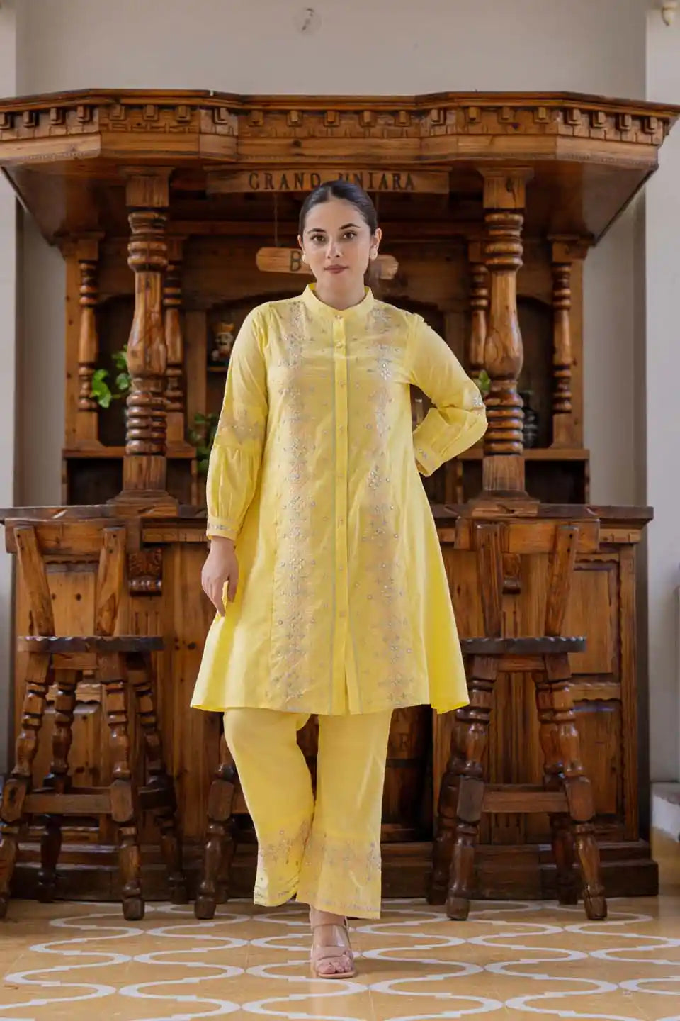 Yellow floral embroidered cotton blend coordinated set