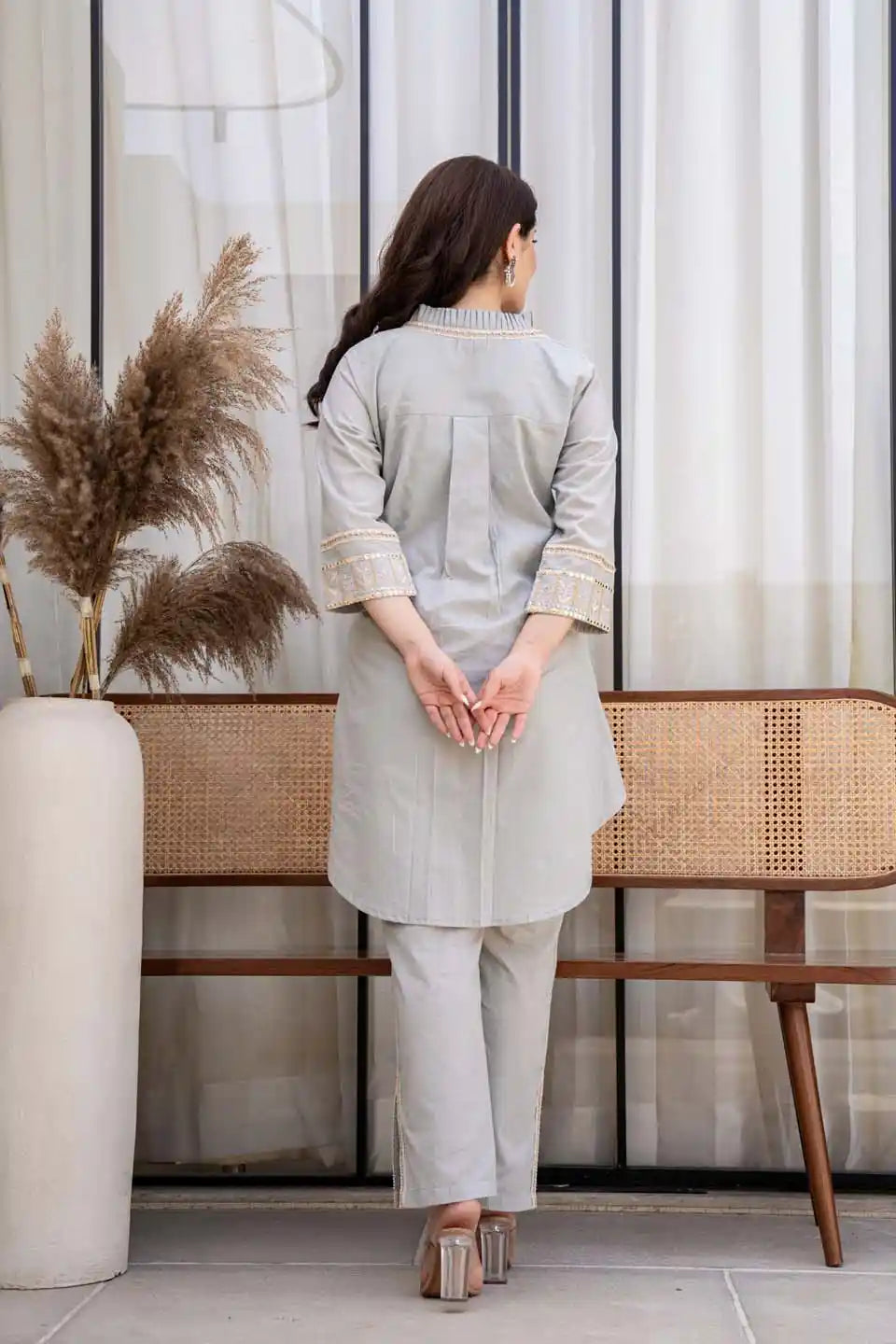 light gray embroidered v-neck kurta with straight pants set