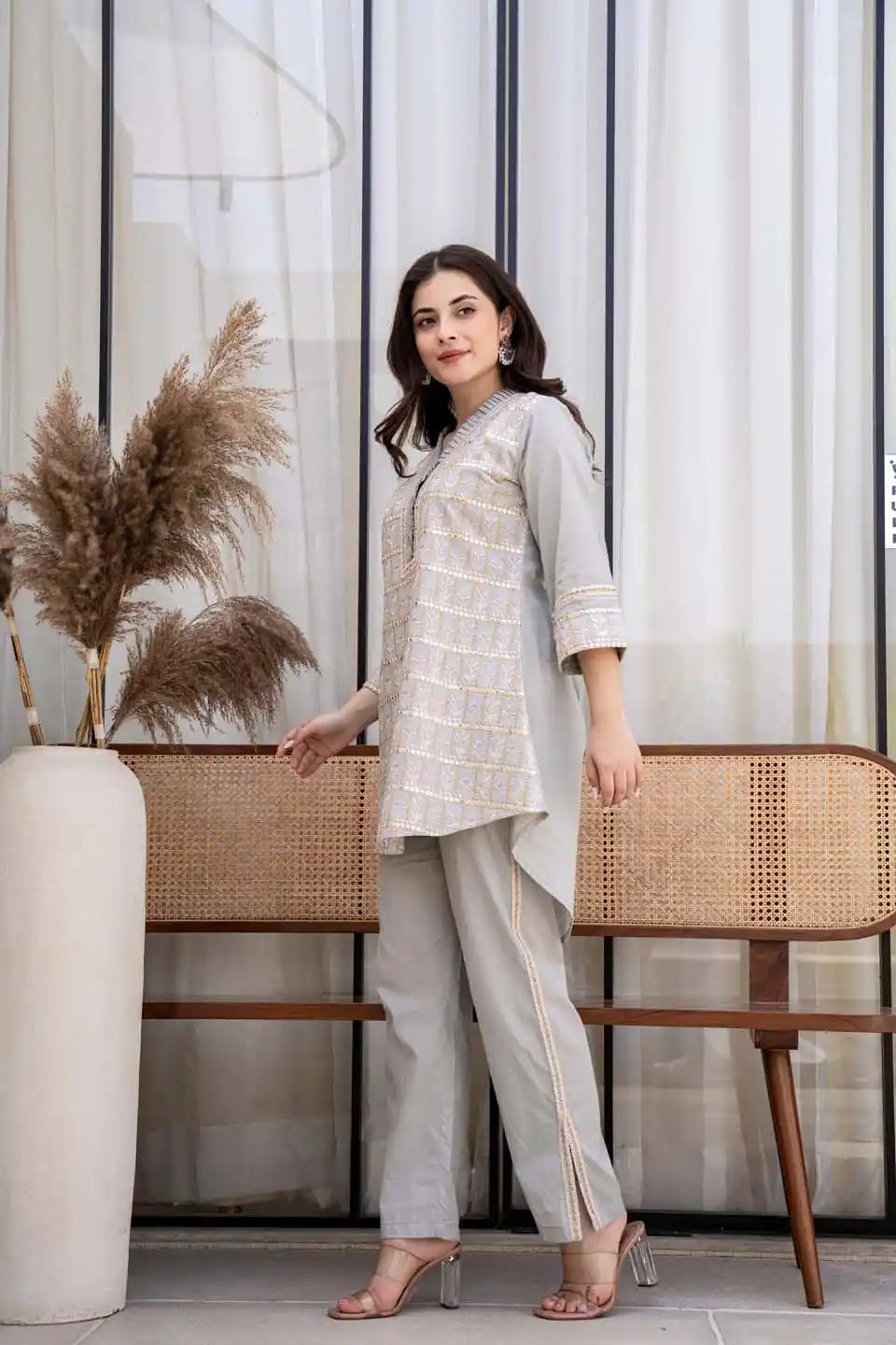 light gray embroidered v-neck kurta with straight pants set