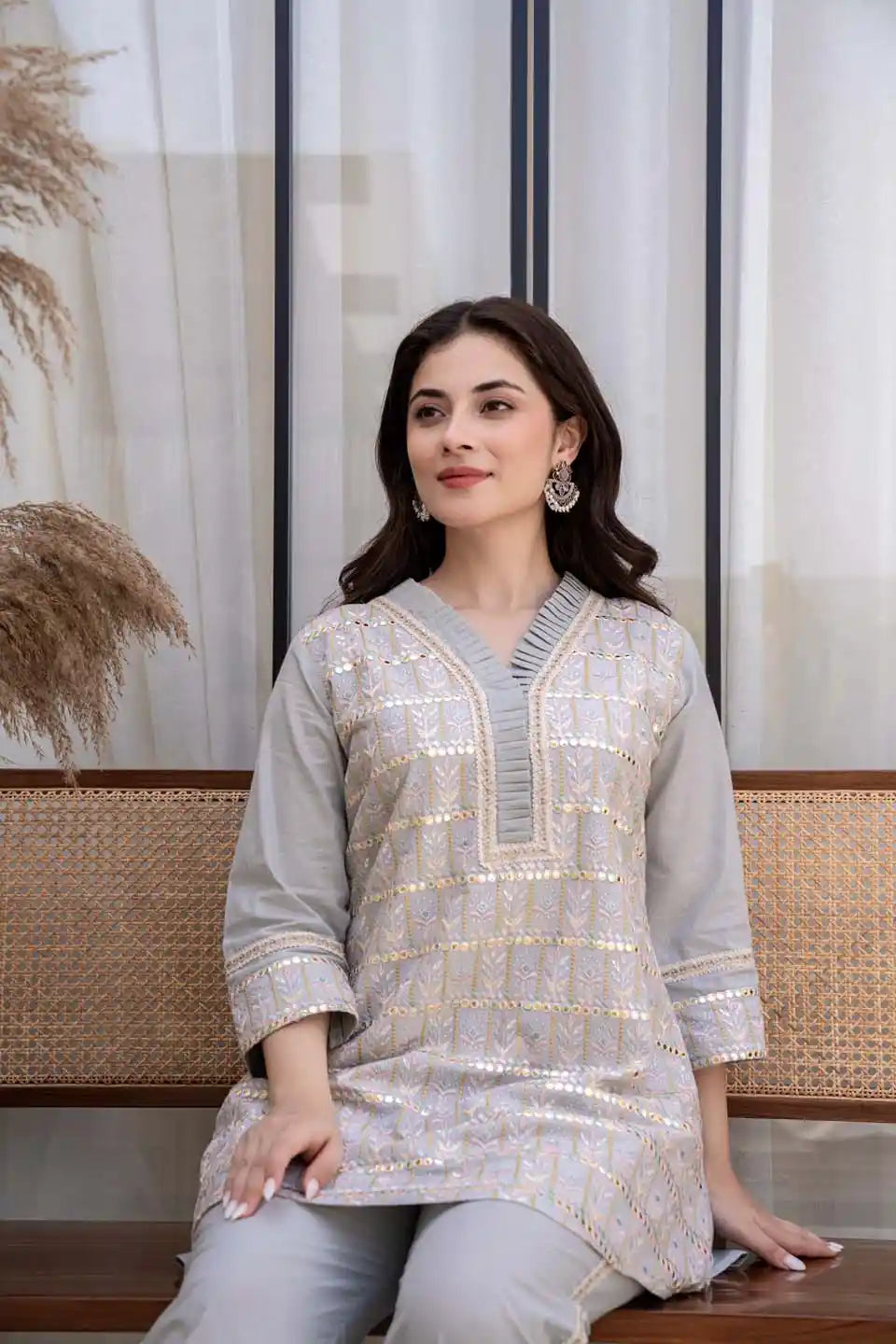 light gray embroidered v-neck kurta with straight pants set