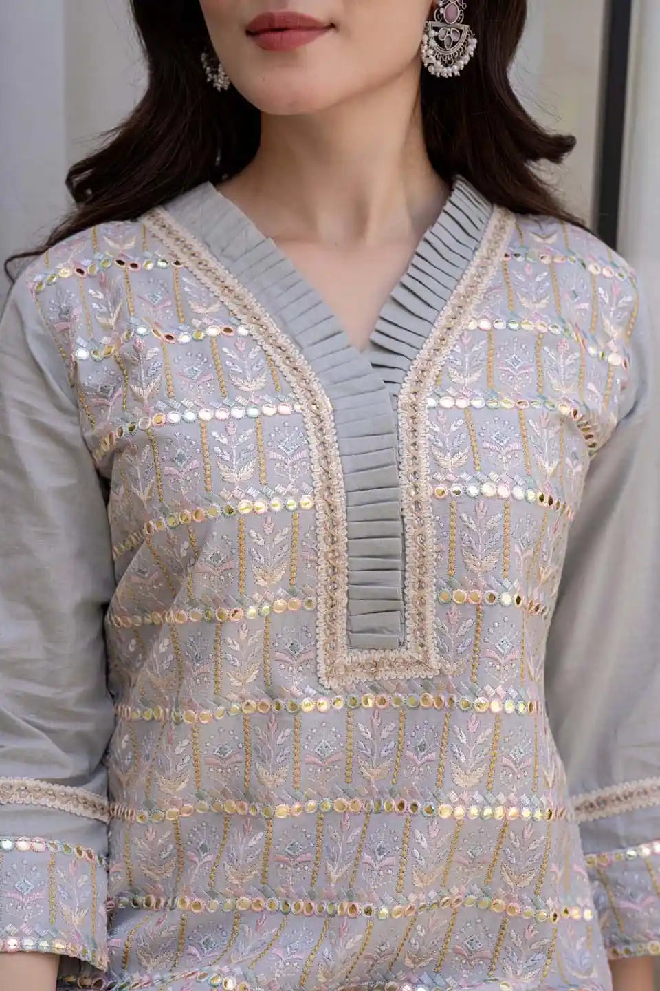 light gray embroidered v-neck kurta with straight pants set