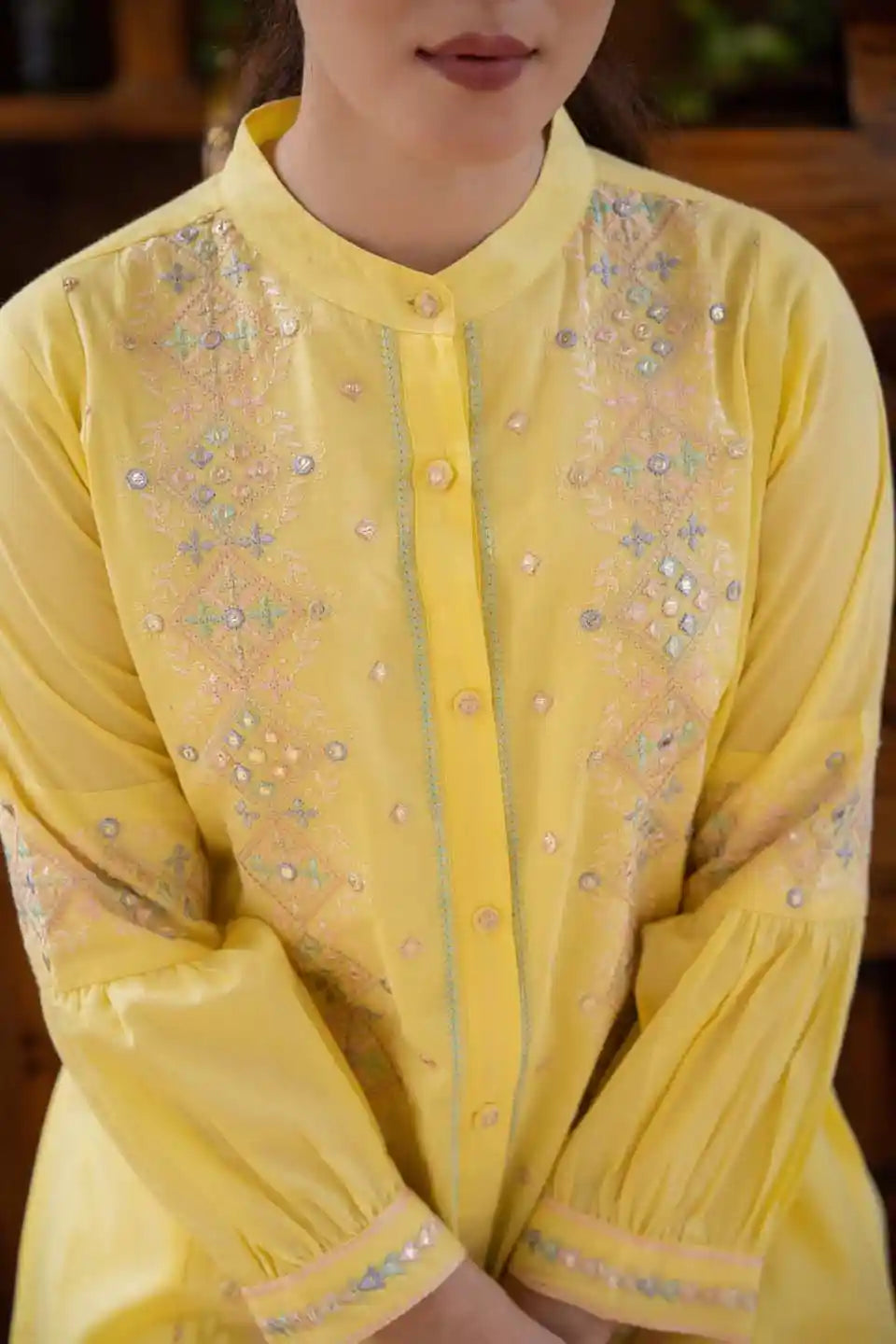 Yellow floral embroidered cotton blend coordinated set