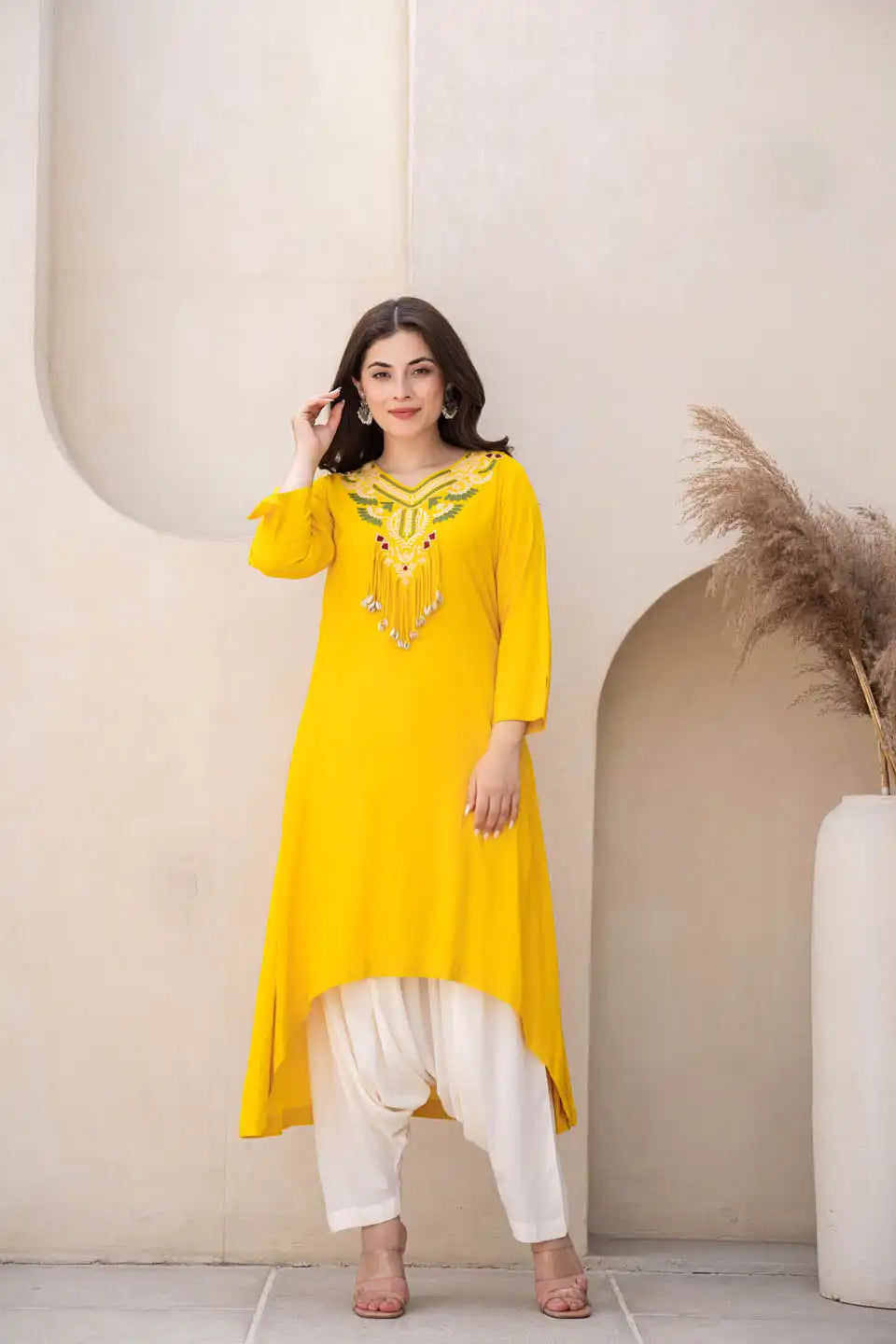 Yellow Embroidered Kurta Set with Dhoti Pants