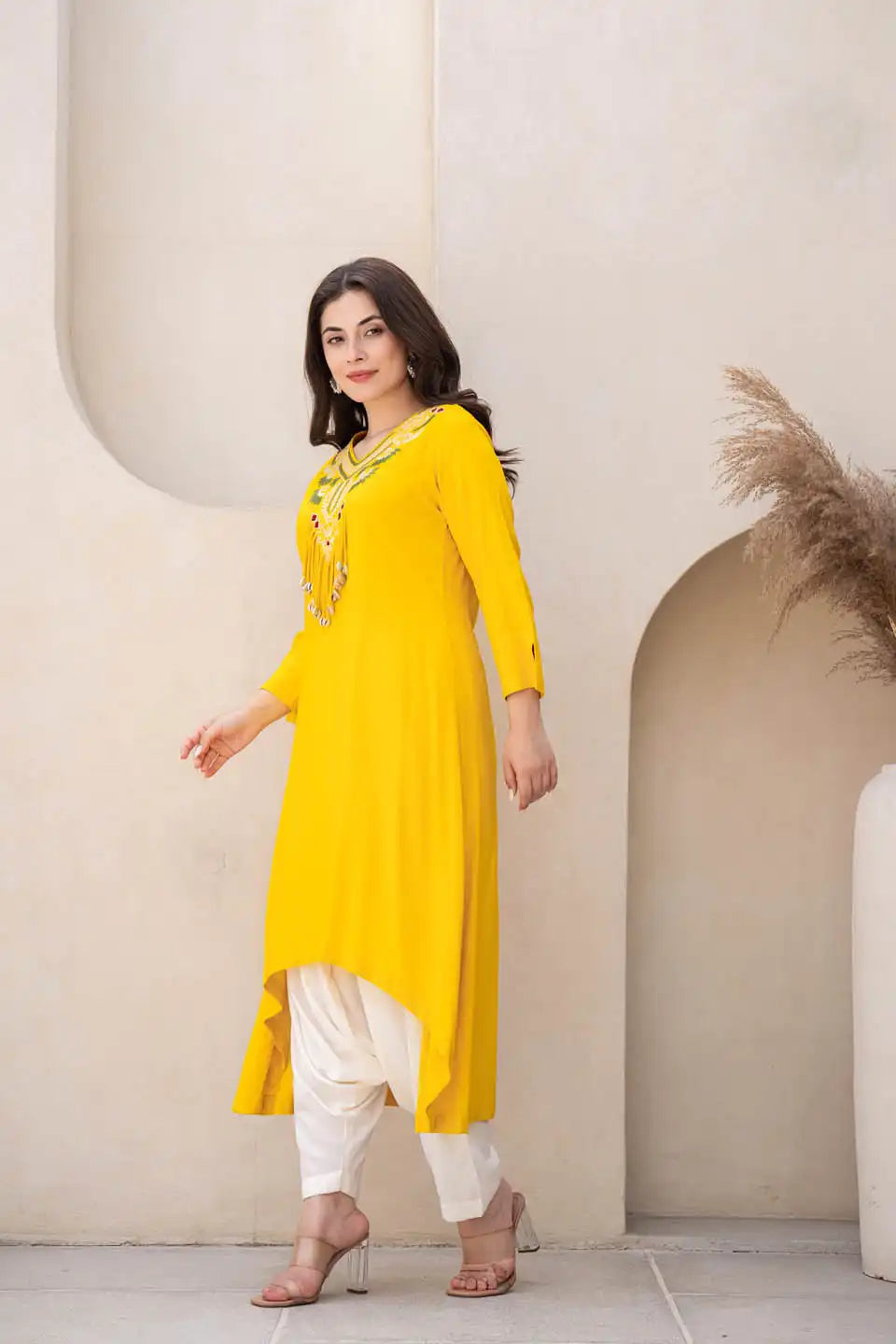 Yellow Embroidered Kurta Set with Dhoti Pants