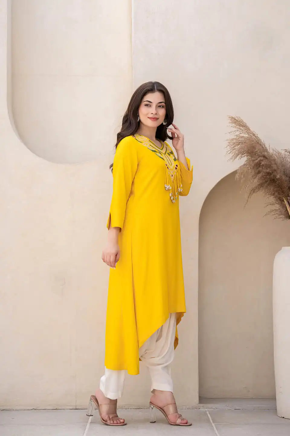 Yellow Embroidered Kurta Set with Dhoti Pants