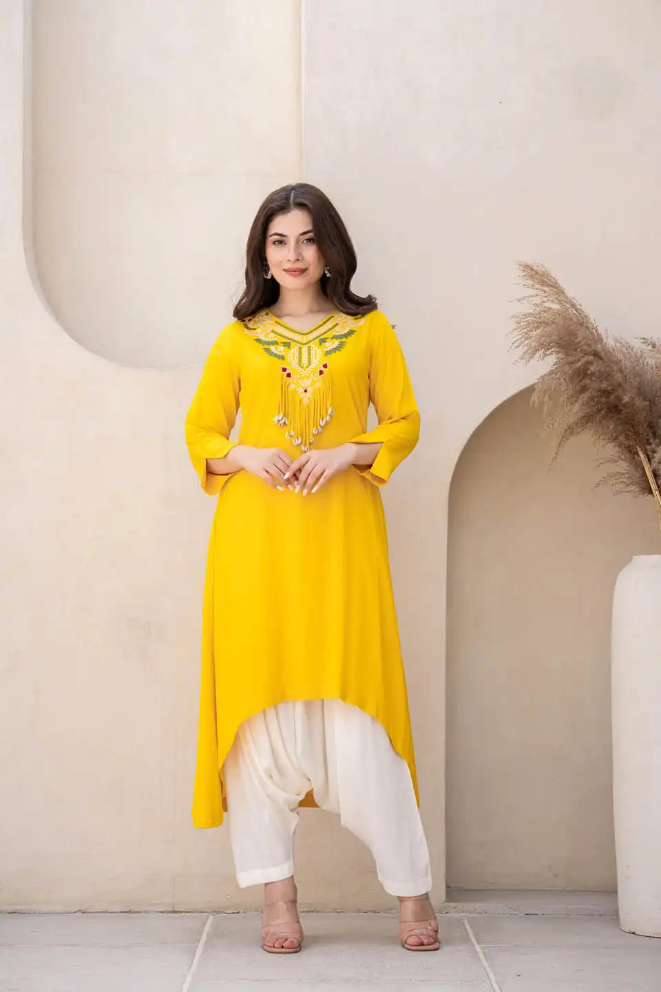 Yellow Embroidered Kurta Set with Dhoti Pants