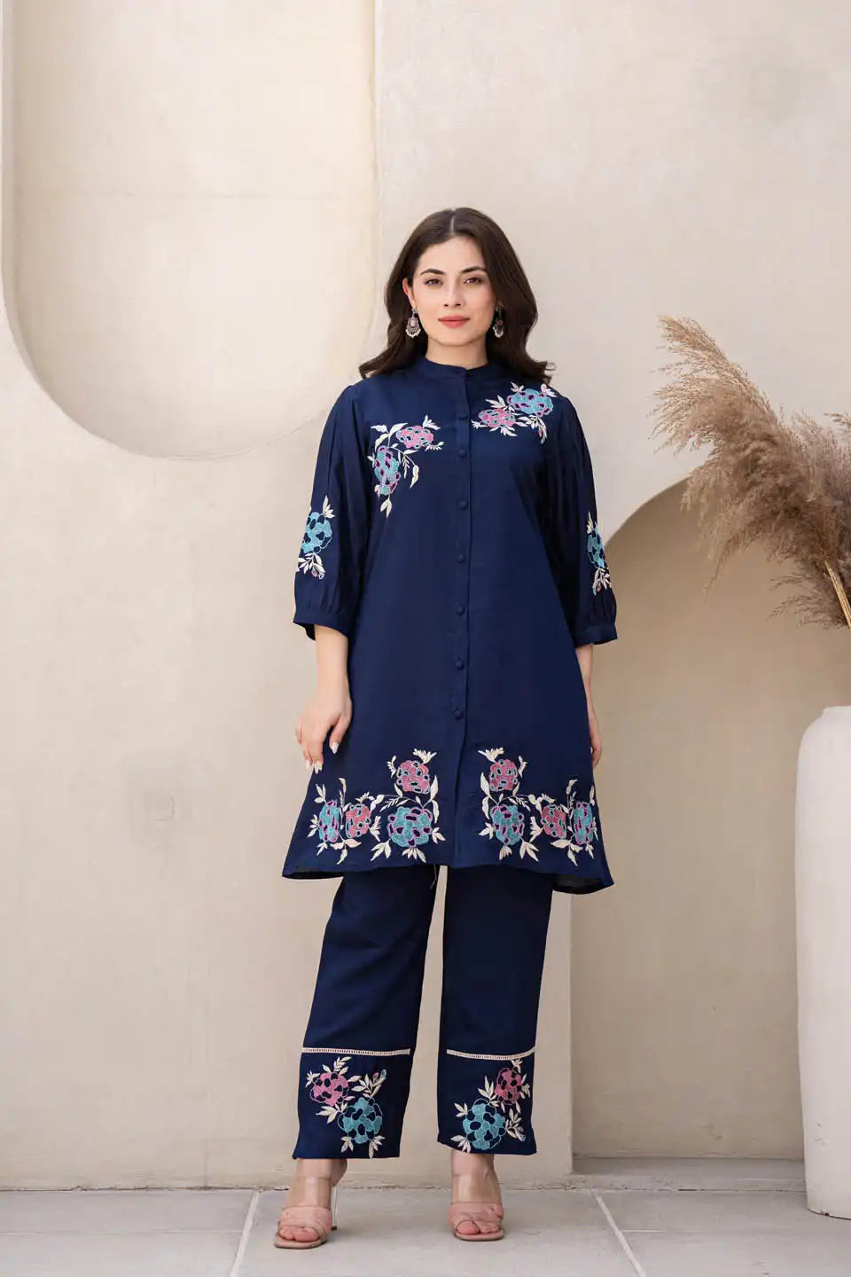 Navy Blue Floral Embroidered Co-Ord Set