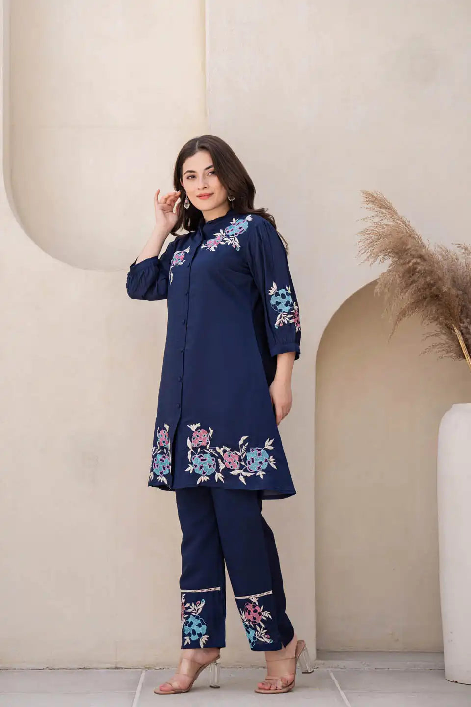 Navy Blue Floral Embroidered Co-Ord Set