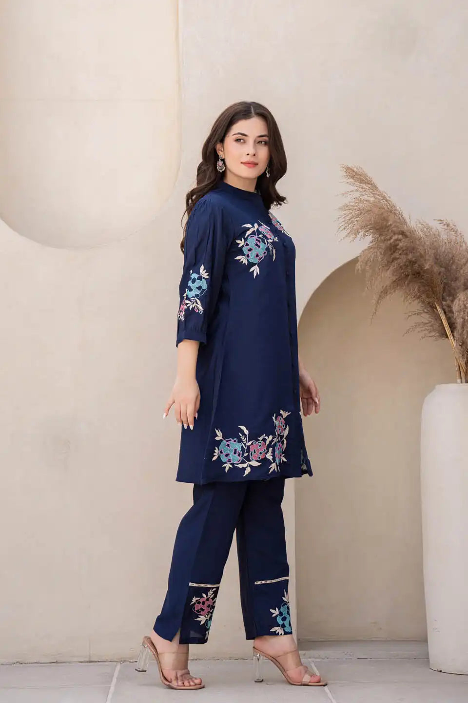 Navy Blue Floral Embroidered Co-Ord Set