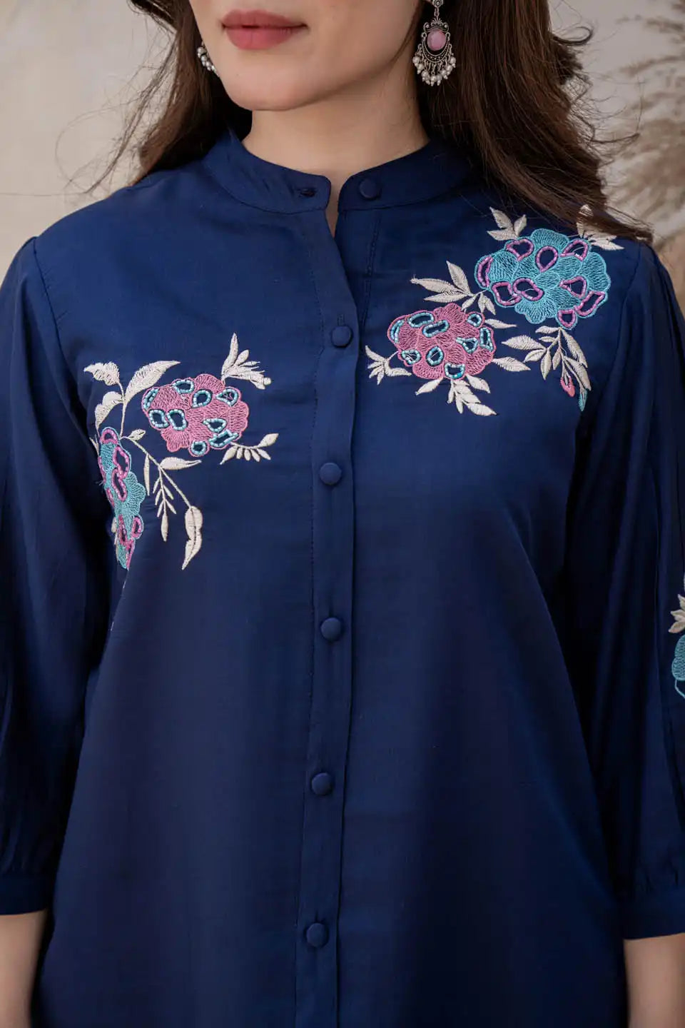 Navy Blue Floral Embroidered Co-Ord Set