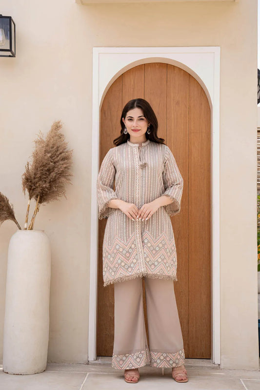 Elegant beige embroidered kurta with matching palazzo set