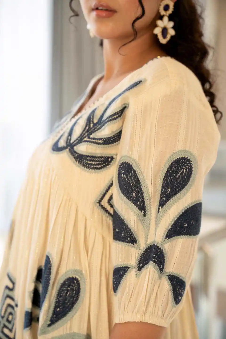 boho embroidered short dress with puff sleeves