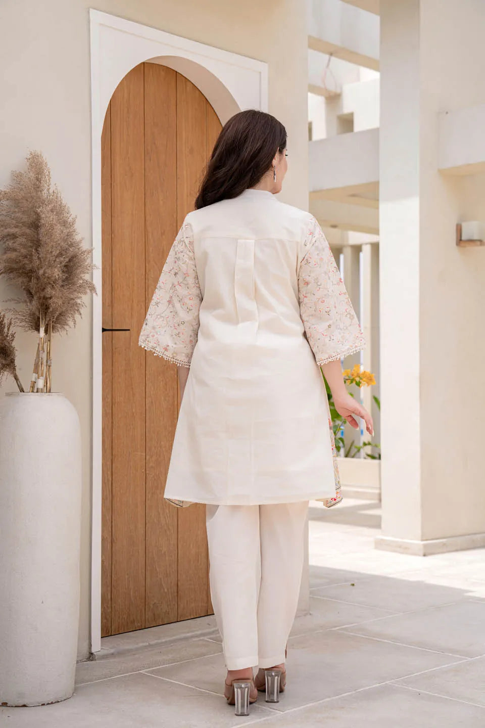 Embroidered Off-White Cotton Coordinated Set with Straight Pants