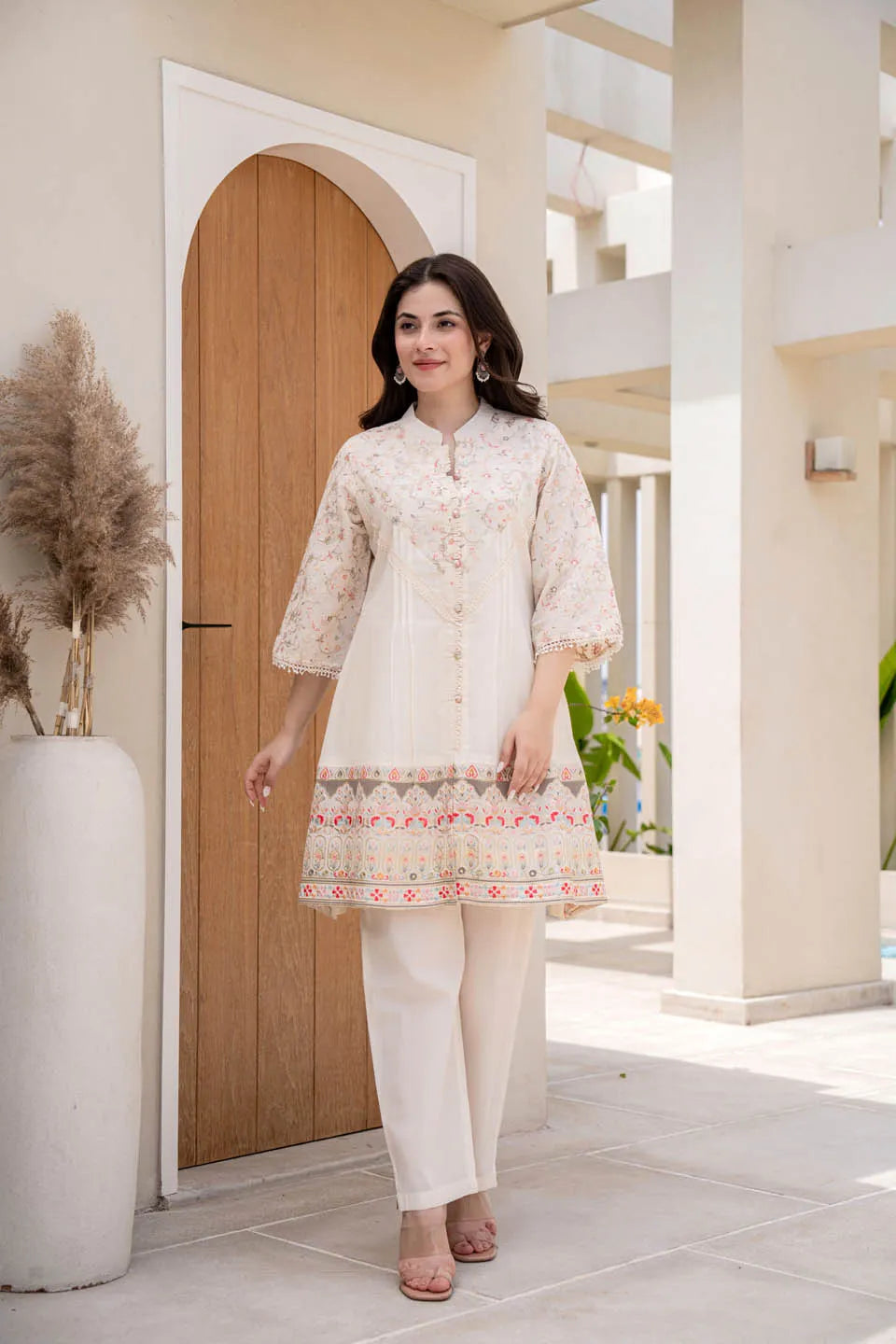 Embroidered Off-White Cotton Coordinated Set with Straight Pants